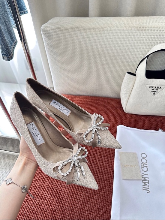 Jimmy Choo Shoes - Jimmy Choo Champagne Glitter Pointed-Toe Pumps with Crystal Bow